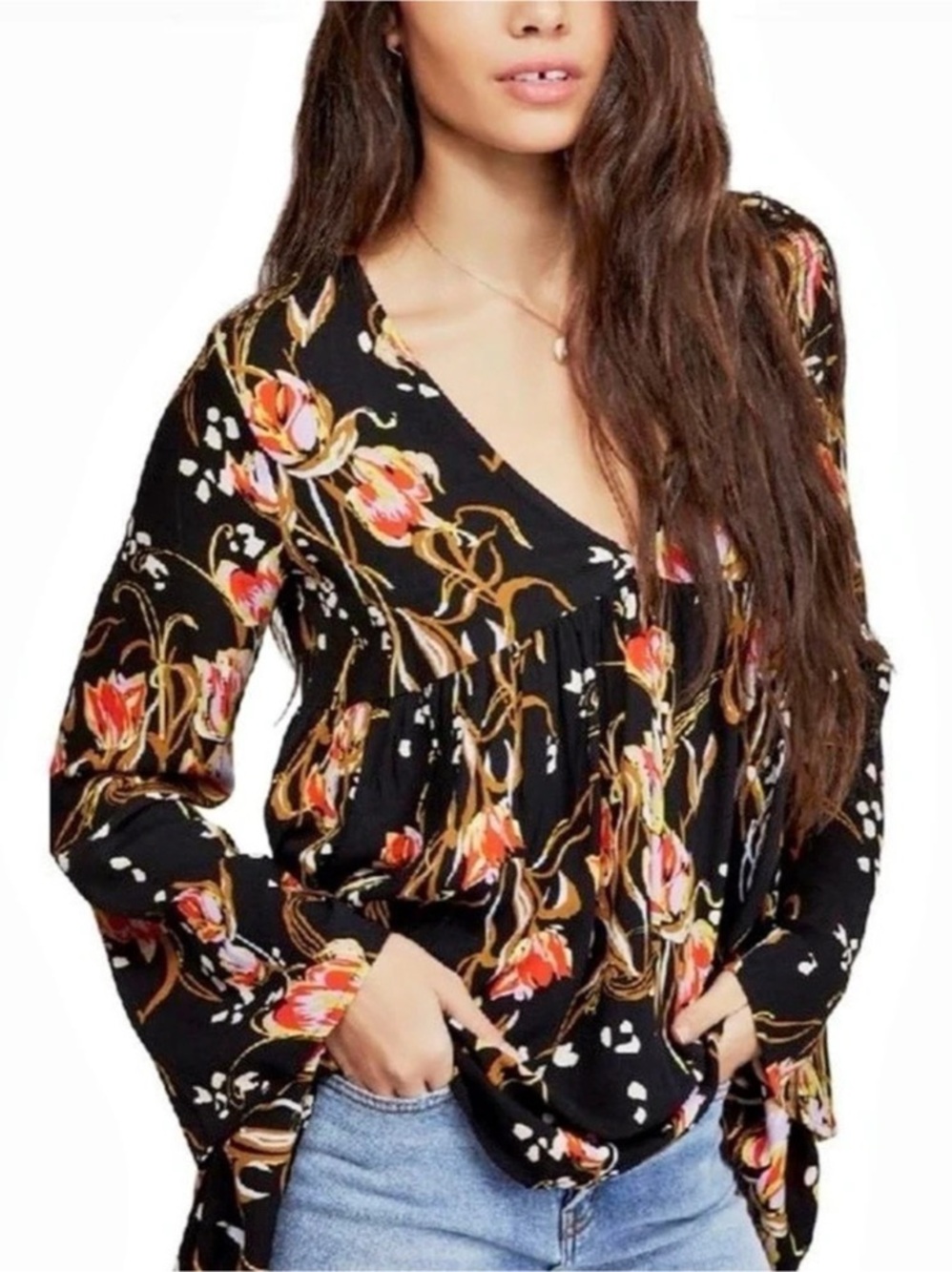 Free People Bella Printed Tunic V Neck Top in Black Floral